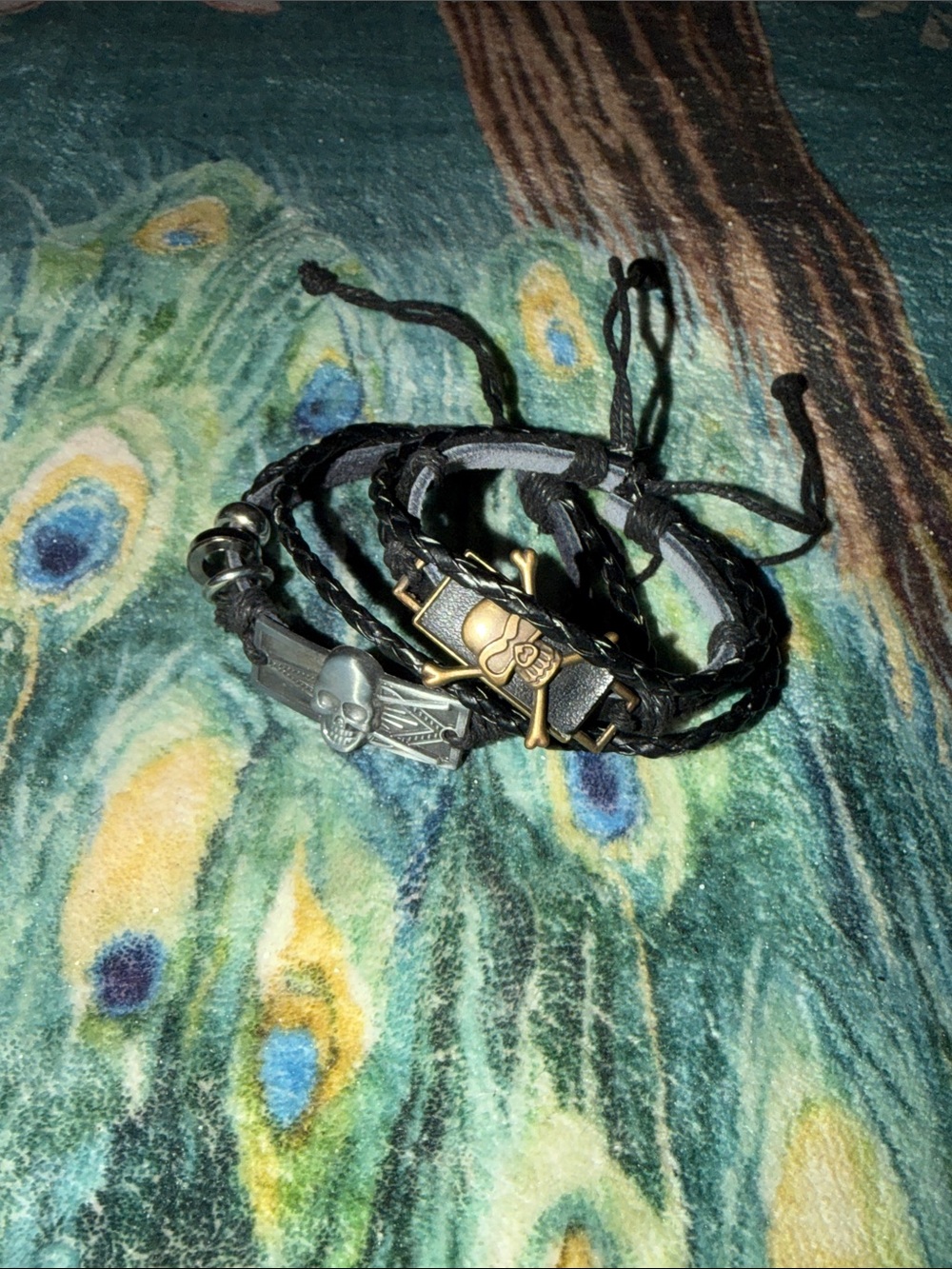 Hot Topic Black Leather Skull Bracelet Set with Silver and Gold Accents